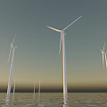 Offshore Wind Turbines with Rotating Blades on Calm Water Surface at Sunset