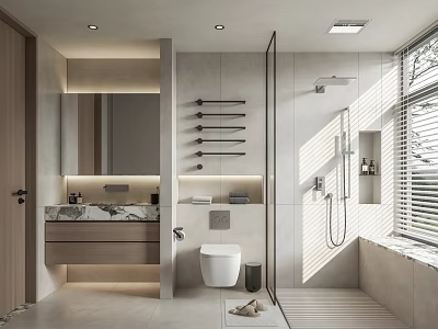 Modern Bathroom Interior With Marble Countertop Wall Mounted Towel Rack And Glass Shower Partition 3d model