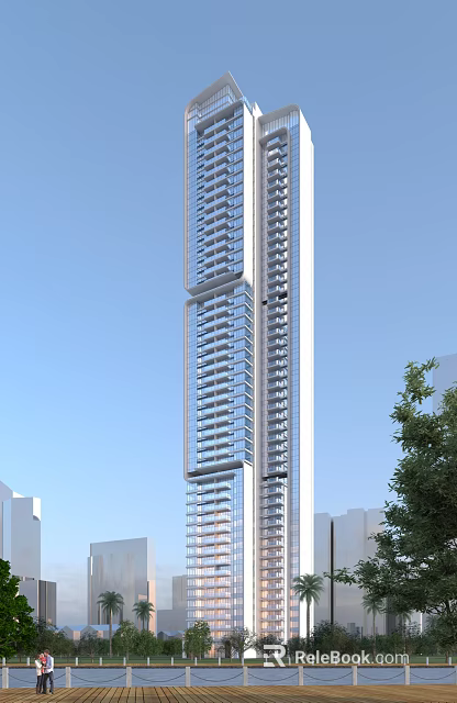 Modern High Rise Residential Building With Glass Facade Balconies Blue Sky And Surrounding Trees 3d model 