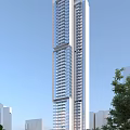 Modern High Rise Residential Building With Glass Facade Balconies Blue Sky And Surrounding Trees