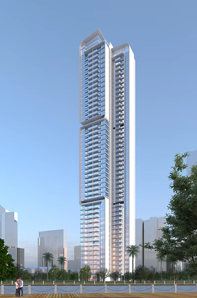 Modern High Rise Residential Building With Glass Facade Balconies Blue Sky And Surrounding Trees 3d model