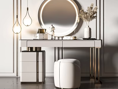 Modern Dressing Table with Round Mirror Pendant Lights and White Stool Decorative Items 3d model