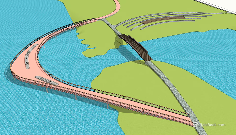 Curved Landscape Bridge Spanning Water Area Surrounded by Green Space with Walking Path 3d model 