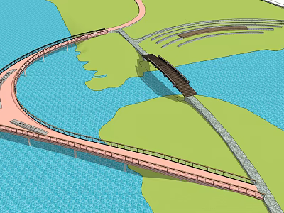 Curved Landscape Bridge Spanning Water Area Surrounded by Green Space with Walking Path 3d model