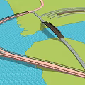 Curved Landscape Bridge Spanning Water Area Surrounded by Green Space with Walking Path