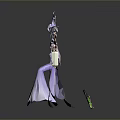 Elegant Character in Purple Gown with Pink Hair Green Dragon Creature Blue Flowers Golden Ring Lantern