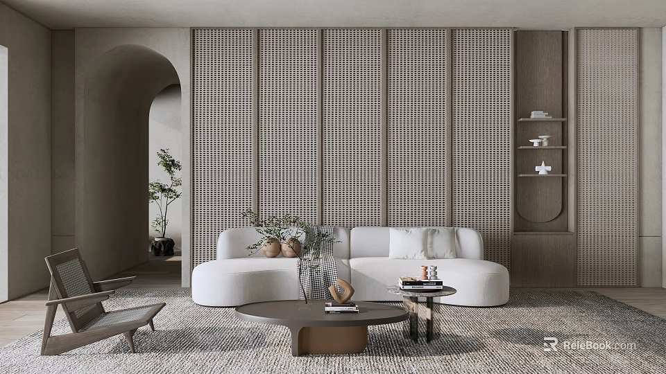 Modern Living Room With White Curved Sofa Wooden Lattice Wall And Round Coffee Table 3d model 