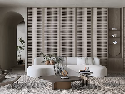 Modern Living Room With White Curved Sofa Wooden Lattice Wall And Round Coffee Table 3d model