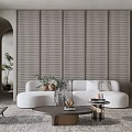 Modern Living Room With White Curved Sofa Wooden Lattice Wall And Round Coffee Table