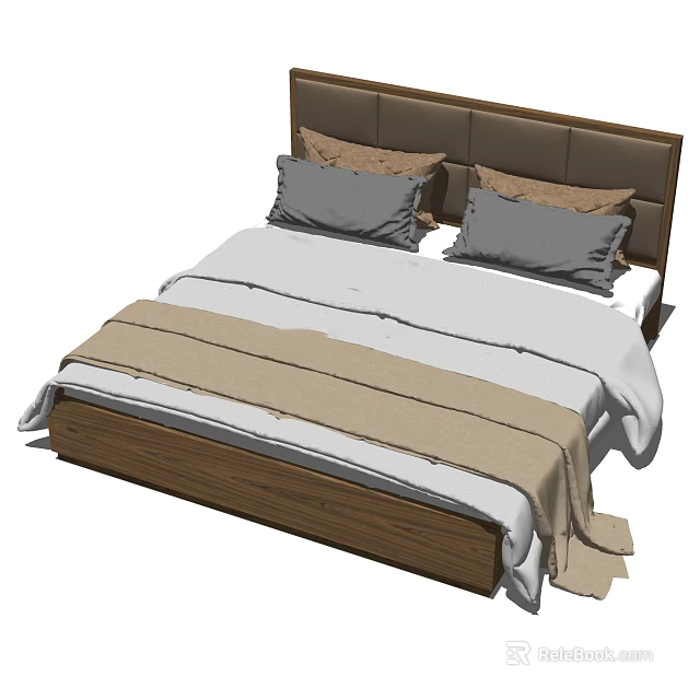 Double Bed With Brown Headboard Two Gray Pillows White Sheets And Wooden Frame 3d model