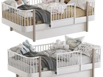 Cozy White Baby Crib With Wooden Legs Soft Pillows Plush Rabbit Toys And Gray Blanket 3d model