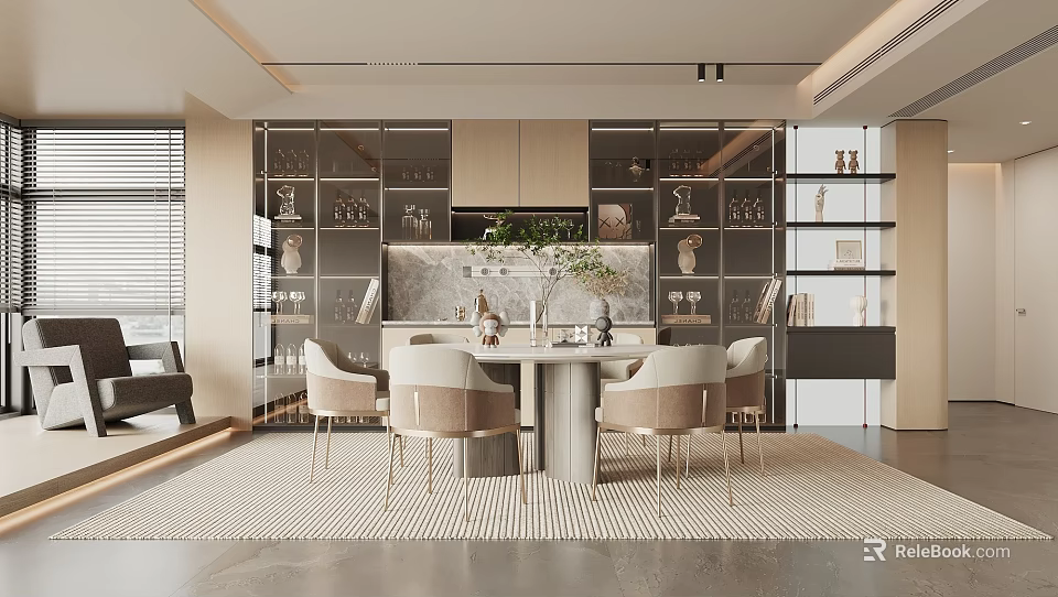 Elegant Modern Restaurant Featuring Dining Table Chairs Wine Cabinet Marble Countertop Green Plants And Rug 3d model 