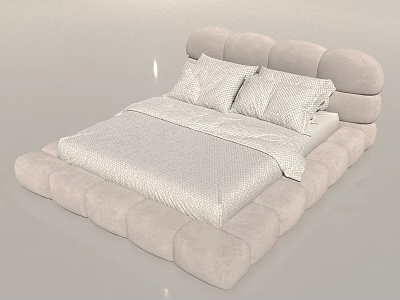 Modern Light Colored Double Bed With Rounded Upholstered Headboard And Soft Fabric Frame Design 3d model