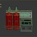 Red Gas Cylinders With Radioactive Signs And Green Display Control Equipment
