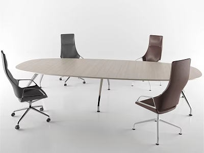 Modern Oval Conference Table With Light Wood Finish And Swivel Office Chairs 3d model