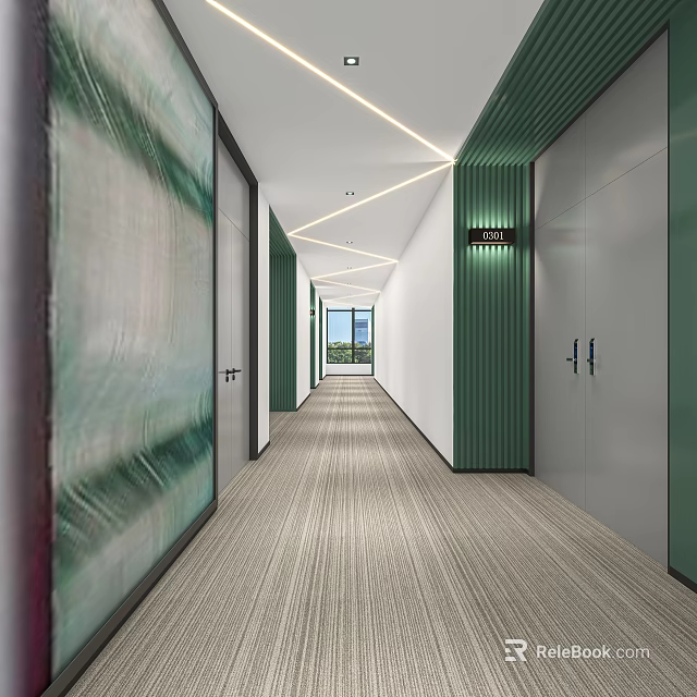 Modern Elevator Hall Interior With Green Paneling Glass Partitions Lighting And Carpeted Floor 3d model 
