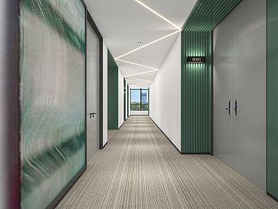 Modern Elevator Hall Interior With Green Paneling Glass Partitions Lighting And Carpeted Floor 3d model