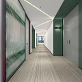 Modern Elevator Hall Interior With Green Paneling Glass Partitions Lighting And Carpeted Floor