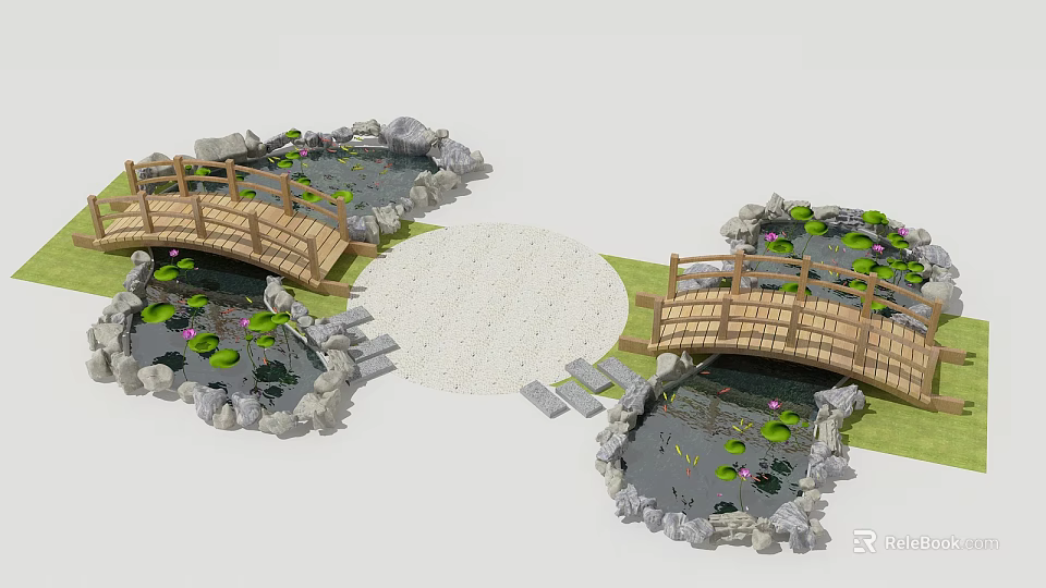 Wooden Bridges Over Ponds With Water Lilies Surrounded By Stones And Gravel Path 3d model 