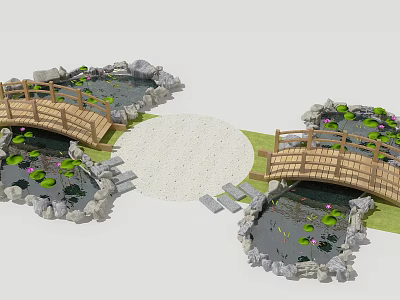 Wooden Bridges Over Ponds With Water Lilies Surrounded By Stones And Gravel Path 3d model