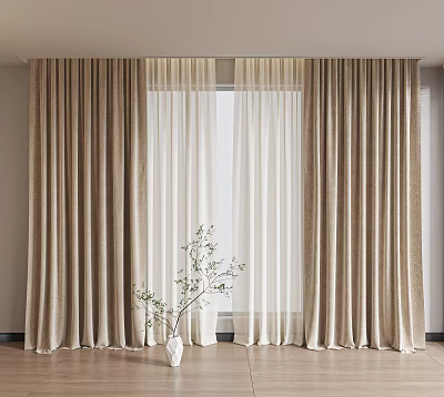 Beige Thick Curtains With Sheer Panels By Window With White Vase And Wooden Floor 3d model
