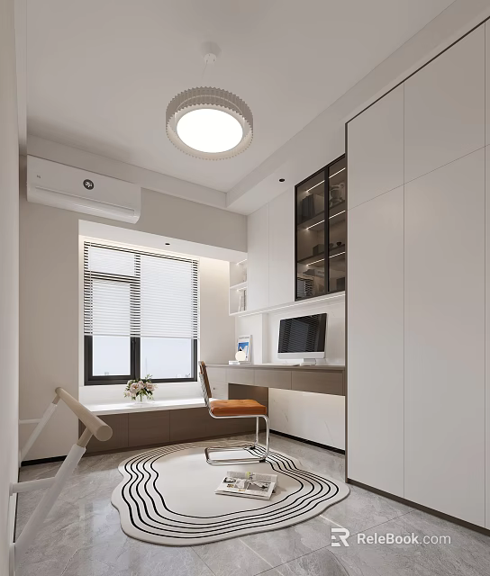 Modern Study Room Interior With Writing Desk Computer Chair And Window Blinds 3d model