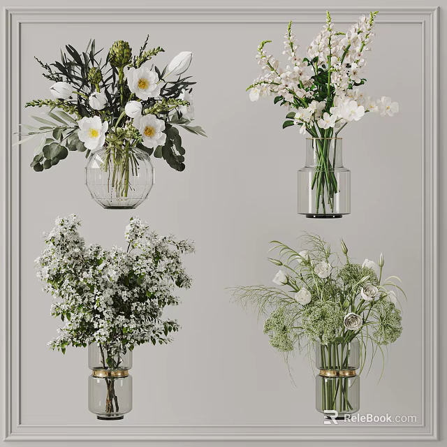 Elegant Glass Vases With White Blooms And Green Foliage For Home Interior Decor 3d model 