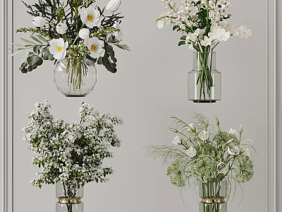 Elegant Glass Vases With White Blooms And Green Foliage For Home Interior Decor 3d model