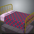 Golden Metal Frame Bed With Pink Mattress And Red Blue Plaid Bedspread