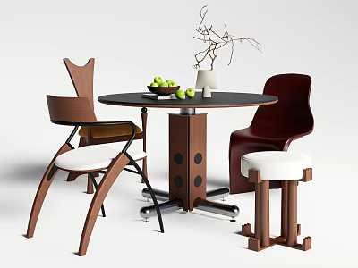 Modern Round Dining Table Set With Wooden Chairs And Decorative Twig Vase 3d model