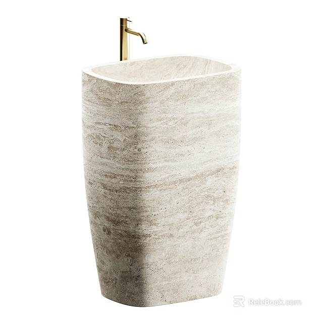 Elegant Marble Freestanding Washbasin With Gold Faucet And Gray White Veins 3d model 