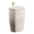 Elegant Marble Freestanding Washbasin With Gold Faucet And Gray White Veins