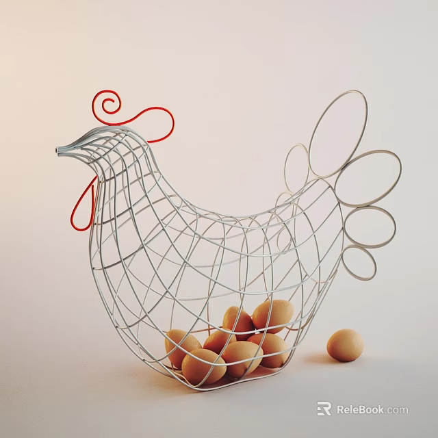 Fresh Brown Eggs in Decorative Chicken Shaped Wire Basket with Additional Egg on White Background 3d model 