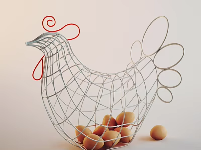 Fresh Brown Eggs in Decorative Chicken Shaped Wire Basket with Additional Egg on White Background 3d model