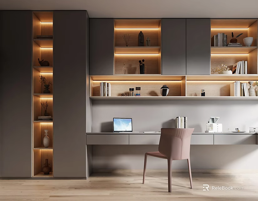 Modern Home Office Interior Design With Built in Bookshelves Desk And Comfortable Chair 3d model 