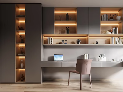 Modern Home Office Interior Design With Built in Bookshelves Desk And Comfortable Chair 3d model