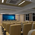 School Auditorium With Rows of Seats Large Windows Ceiling Light Strips and Wooden Decor
