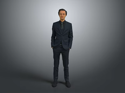 A Man in Dark Formal Suit Standing with Hands in Pockets Against Gray Studio Background 3d model