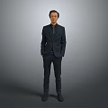 A Man in Dark Formal Suit Standing with Hands in Pockets Against Gray Studio Background 3d model