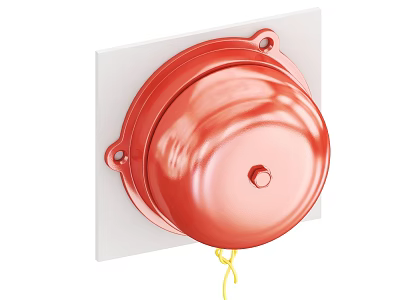 Red Fire Alarm Bell Mounted On White Plate With Yellow Cable 3d model