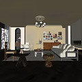 Modern Living Room Interior Design With Chandelier Open Bookshelf White Sofa Coffee Table And Fireplace