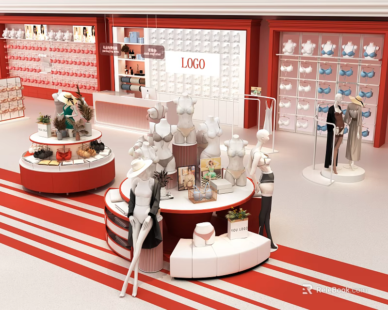 Clothing Store Interior Design With Mannequins Round Display Tables And Red White Decor 3d model 