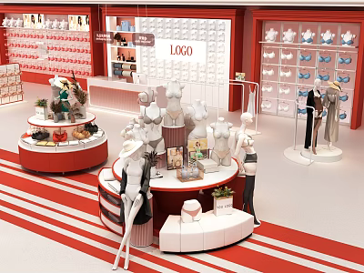 Clothing Store Interior Design With Mannequins Round Display Tables And Red White Decor 3d model
