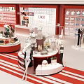 Clothing Store Interior Design With Mannequins Round Display Tables And Red White Decor