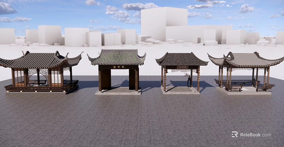 Chinese Style Landscape Pavilions With Traditional Curved Roofs On Paved Plaza And Modern Buildings 3d model 