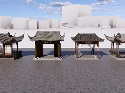 Chinese Style Landscape Pavilions With Traditional Curved Roofs On Paved Plaza And Modern Buildings 3d model