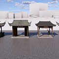 Chinese Style Landscape Pavilions With Traditional Curved Roofs On Paved Plaza And Modern Buildings