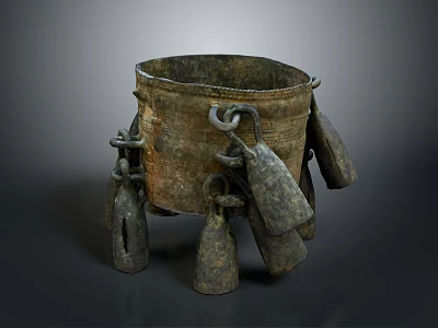 Ancient Bronze Weapon With Hanging Bells And Ring Decorations On Bucket Shaped Body 3d model