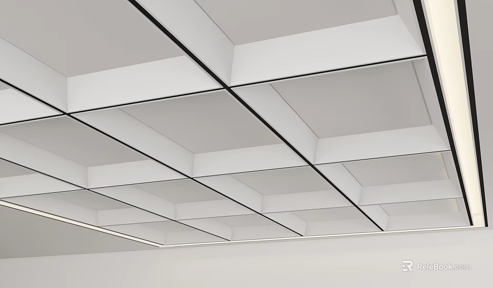 Modern Grid Ceiling Design With White Panels And Black Linear Accents Interior 3d model
