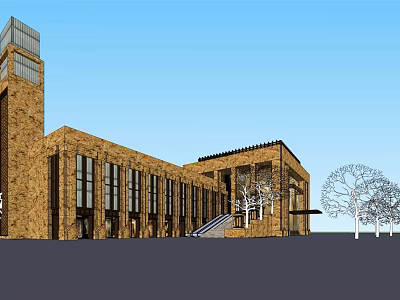 Modern Commercial Complex Building Exterior With Brick Red Facade Large Windows And Tower Structure 3d model